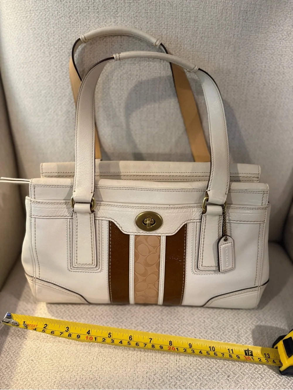 Coach Cream and Brown Striped Signature Tote Shoulder Bag
